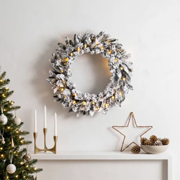 Couronne de No�l lumineuse (D60 cm) Annapurna Vert enneig� et blanc chaud
