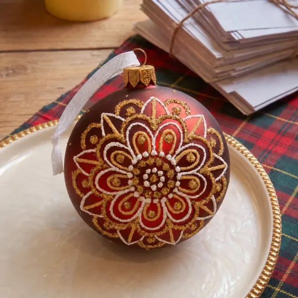 Set di 6 palline di natale in vetro (D80 mm) Mandala Rosso glitterato oro