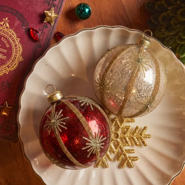 Set von 12 Weihnachtskugeln aus Glas (D100mm) Feuerwerk Perlweiß und Bordeaux