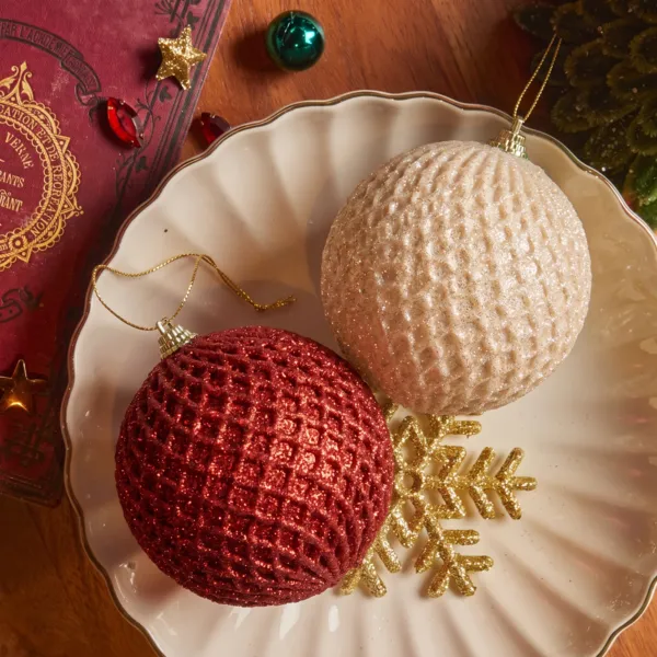 Set di 12 palline di Natale (D100 mm) Quadretti e lustrini Rosso e perla
