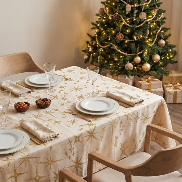 Nappe de Noël rectangulaire (360 x 140 cm) Étoiles Célestes Beige et doré