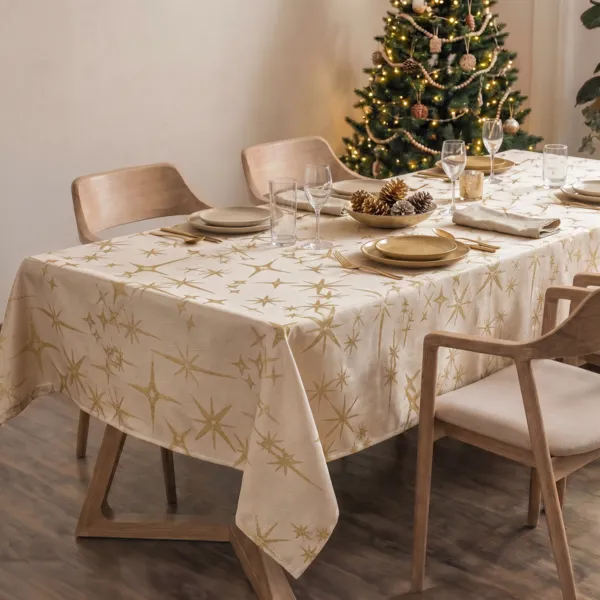 Kersttafelkleed rechthoekig (140 x 240 cm) Hemelse Sterren Beige en goud