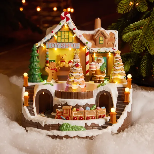 Villaggio di Natale luminoso e animato (H30 cm) Casa di Natale con treno animato