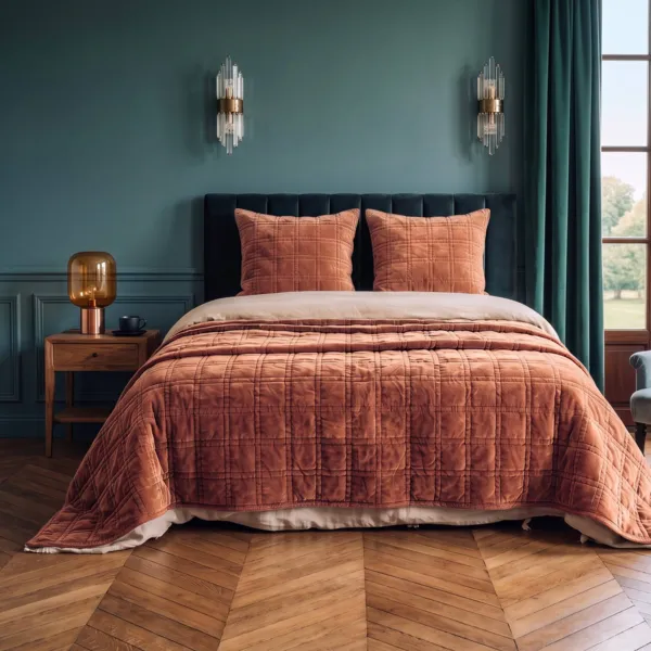 Couvre-lit velours c�tel� (240 x 220 cm) Livia Terracotta