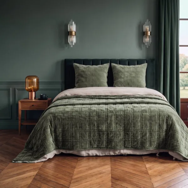 Couvre-lit velours c�tel� (260 x 240 cm) Livia Vert kaki