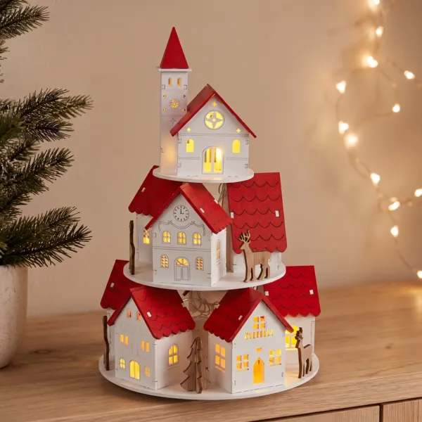 Beleuchtetes Weihnachtsdorf aus Holz batteriebetrieben (H30 cm) Maisons toits Rots