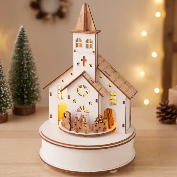 Villaggio di Natale in legno luminoso e musicale a pile (H24 cm) Chiesa e treno