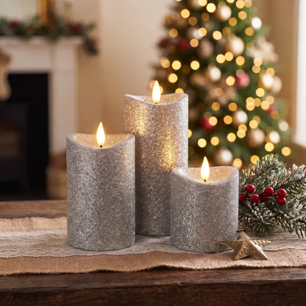 Set di 3 candele LED glitterate Argento