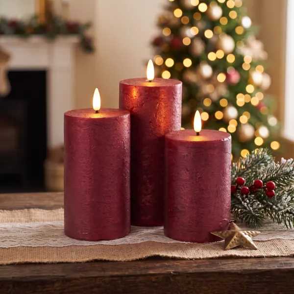 Set di 3 candele LED scintillanti a pile (D7,5 cm) Mystery Rosso