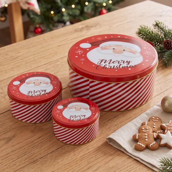 Set di 3 scatole rotonde in metallo (D20 cm) Babbo Natale Rosso e bianco