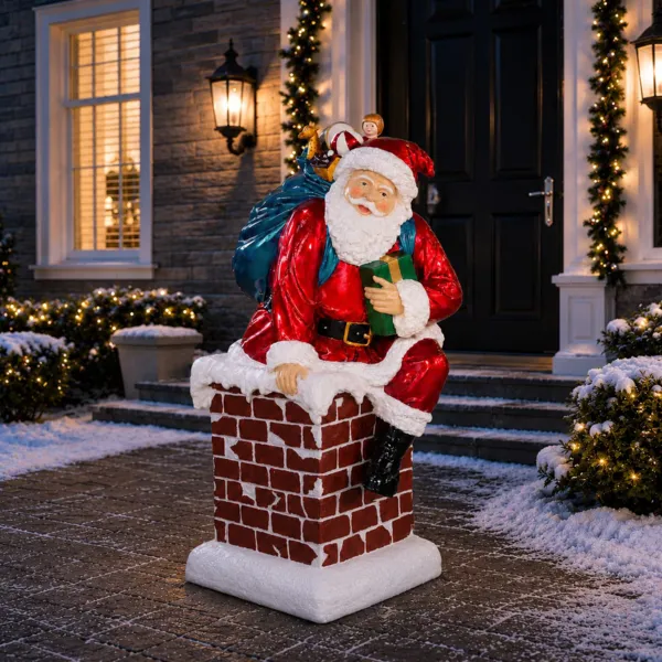 Grand Père Noël lumineux 19 LED (H129 cm) Santa Klaus rentre par la cheminée