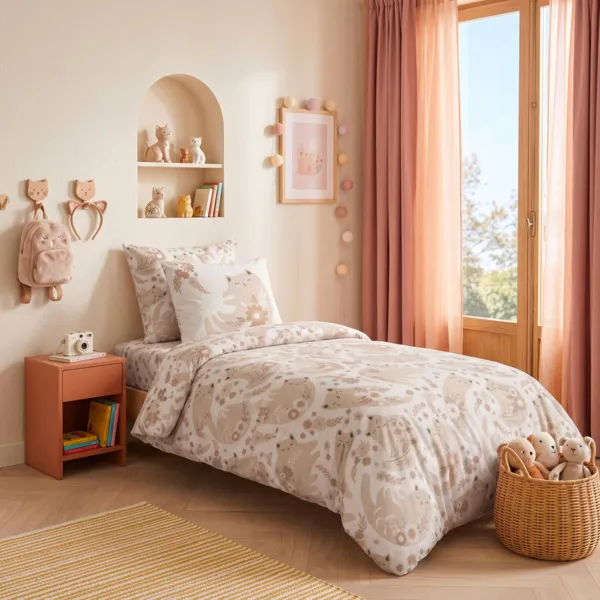 Parure copripiumino per bambini in percalle di cotone (140 x 200 cm) Minou Rosa