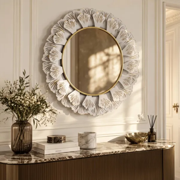 Specchio da parete in legno e metallo (D93 cm) Floreale Bianco e oro