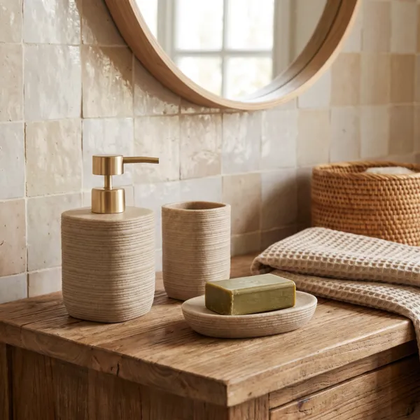 Set bekerhouder en zeephouder van gestreept polyresin Lina Beige