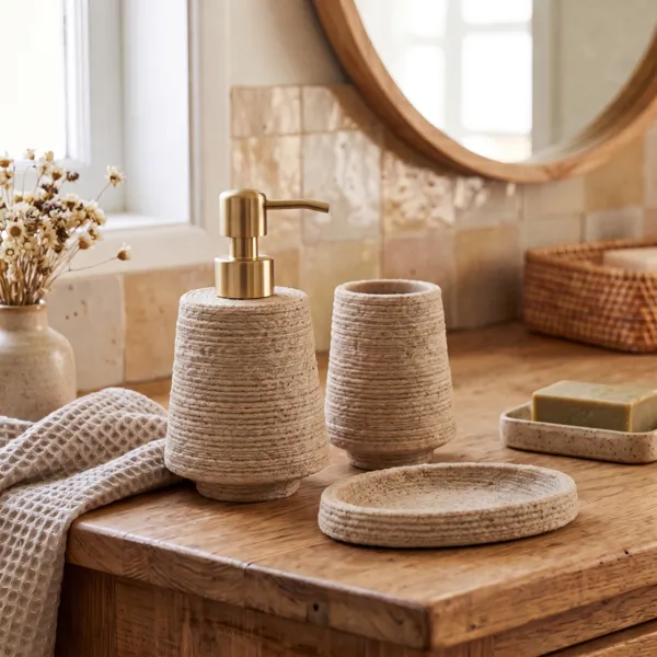 Set bekerhouder en zeephouder van polyresin met zandeffect Lina Beige