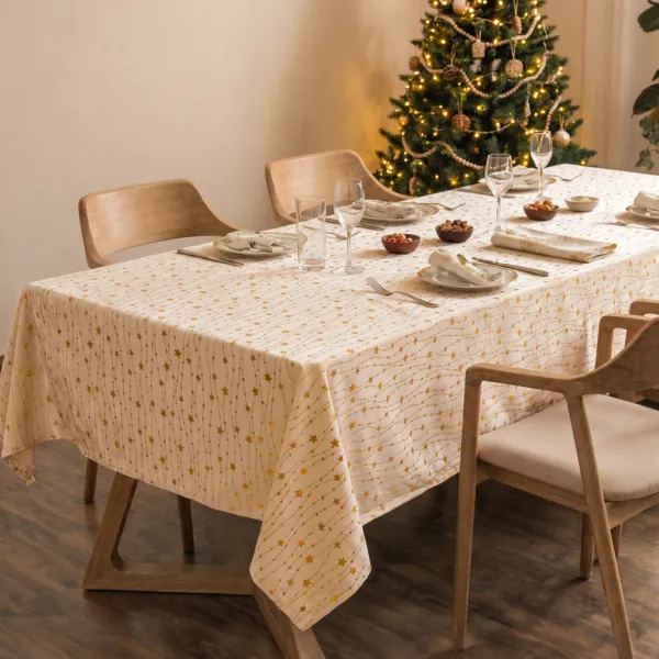 Tovaglia natalizia rettangolare (140 x 240 cm) Pioggia di stelle Avorio e oro