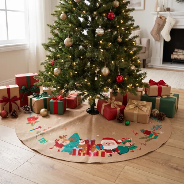 Tappeto per albero di Natale in juta (D90 cm) Elfo e Babbo Natale Multicolore