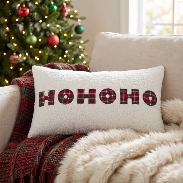 Coussin de no�l rectangulaire bouclette (30 x 50 cm) Santa Ecru