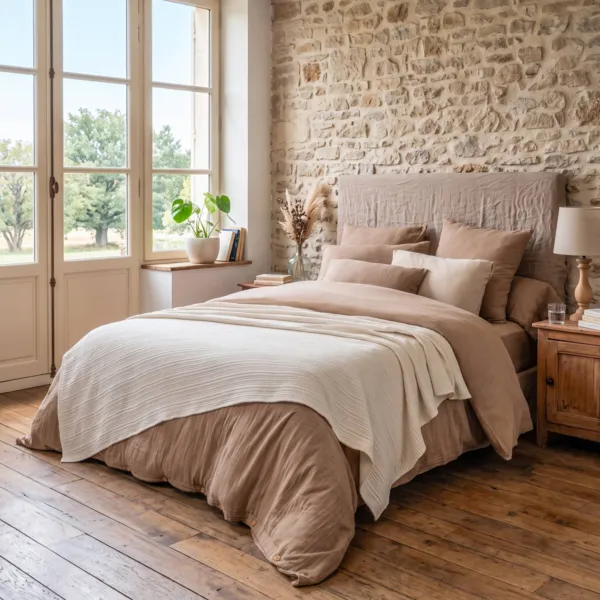 Couvre-lit gaze de coton matelass�e (260 x 240 cm) Cl�o Beige