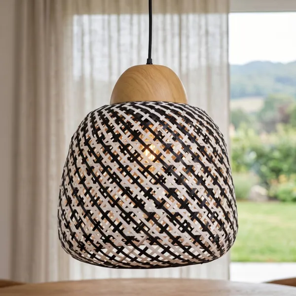 Lysende h�ngelampe i bambus (D40 cm) Elda Sort og naturlig
