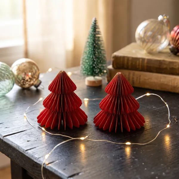 Set di 2 mini Alberi decorativi (H6 cm) in carta magnetica Rossa