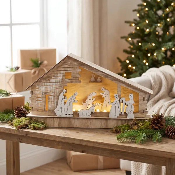 Cr�che de No�l compl�te et lumineuse en bois (H17 cm) Sainte-Augusta