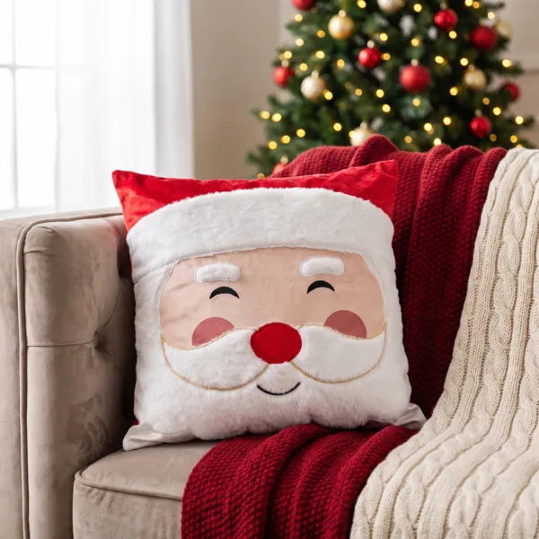 Quadratisches Weihnachtskissen (40 x 40 cm) Fr�hlicher Weihnachtsmann Wei� und Rot