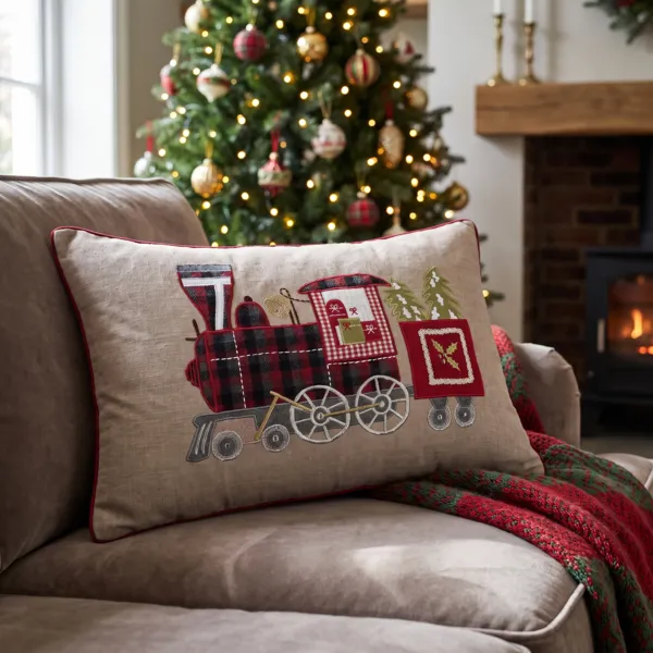 Rechthoekig katoenen Kerstkussen (40 x 60 cm) Locomotief Taupe Oudejaarsavond