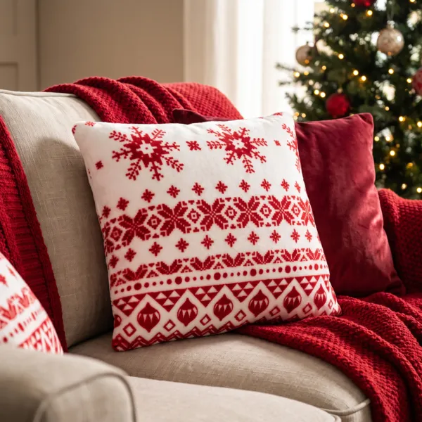 Kerstkussen vierkant (40 x 40 cm) Sneeuwvlokken Rood en wit