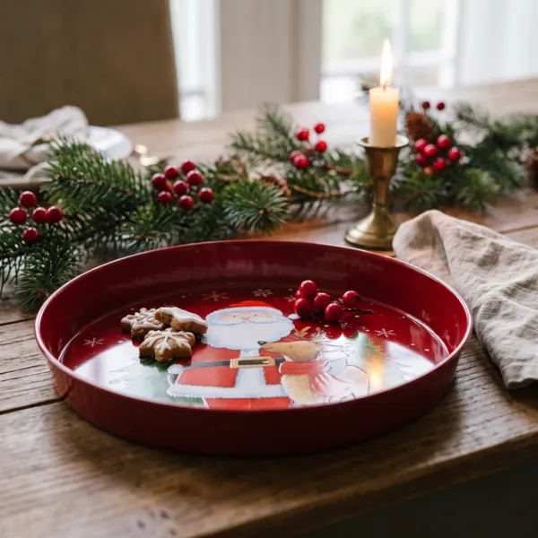 Piatto decorativo rotondo (D25 cm) Babbo Natale e la sua renna Rosso e bianco