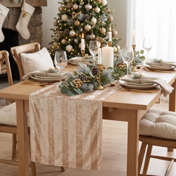 Chemin de table No�l (150 x 28 cm) Velours givr� Champagne