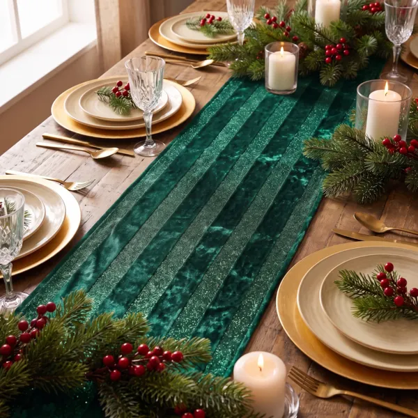 Chemin de table No�l (150 x 28 cm) Velours givr� Vert