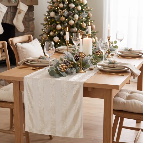 Tischl�ufer Weihnachten (150 x 28 cm) Gefrosteter Samt Beige