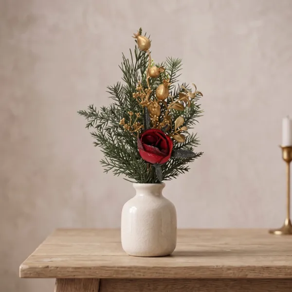 Rama de pino (H25 cm) Rosas y bayas Rojo y dorado