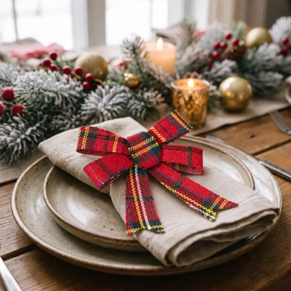 Lot de 3 N�uds de No�l (H10 cm) Tartan Rouge