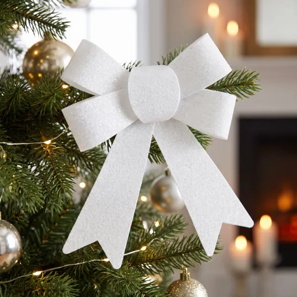 S�t med 2 juleb�nd (H17 cm) Glitter Hvid