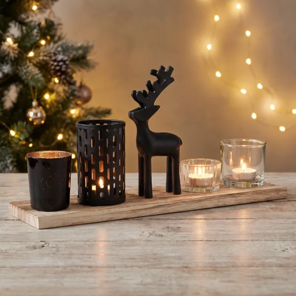 Plateau d�coratif 4 photophores Magie de No�l Bois et noir