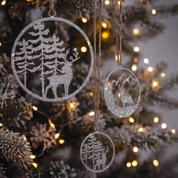 Lote de 3 colgantes de Navidad de metal (D28 cm) Paisajes brillantes Plata con purpurina