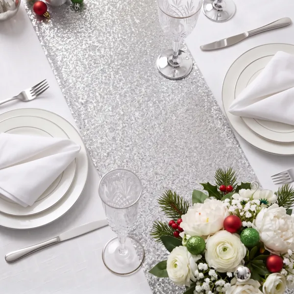 Tischl�ufer Weihnachten aus Organza (250 x 28 cm) Eleganz Wei� Silber