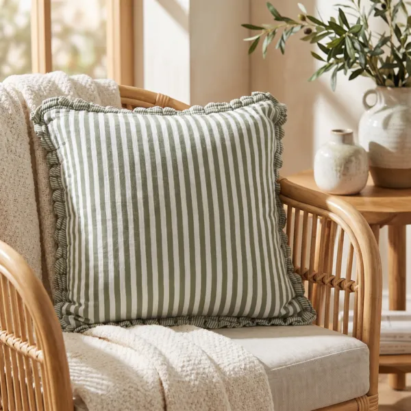 Coussin carr� gaze de coton (45 x 45 cm) Ga�a rayures Vert romarin 