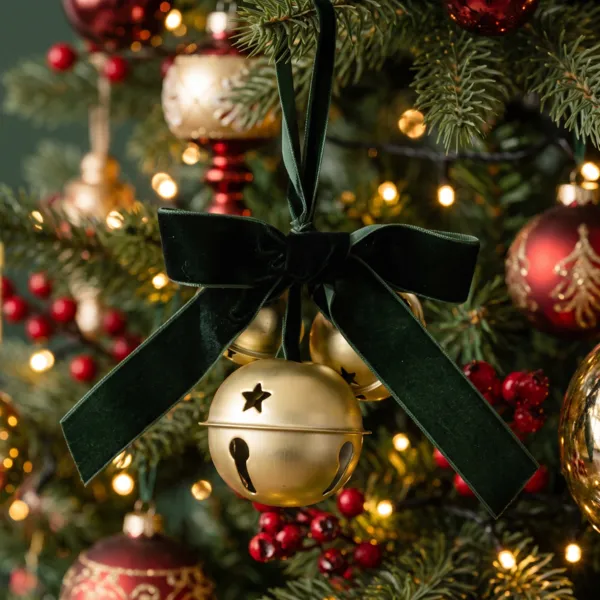 Colgante de Navidad (H13 cm) Campanillas y lazo de terciopelo Verde y oro