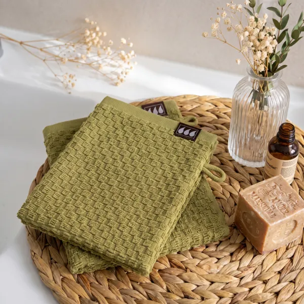 Set aus 2 Baumwoll-Waschlappen (15 x 21 cm) Boho-Chic Olivgr�n