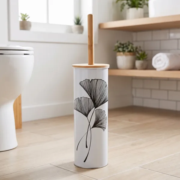 Scopino per WC con coperchio in metallo e bamb� Zen Gingko Bianco