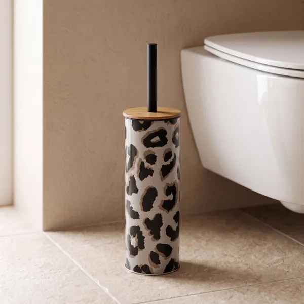 Scopino per WC con coperchio in metallo e acacia leopardata Serengeti Nero