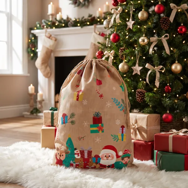 Jutesæk gavepose (H70 cm) Nisse og Julemand Beige