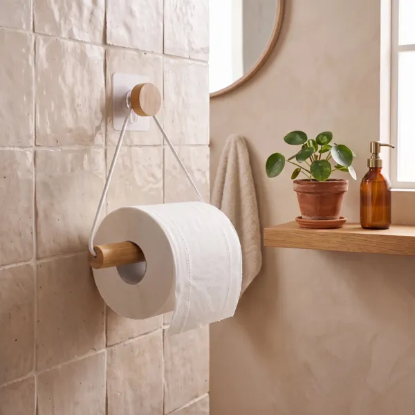 Zelfklevende toiletpapierhouder van metaal en bamboe Easy Chic Wit