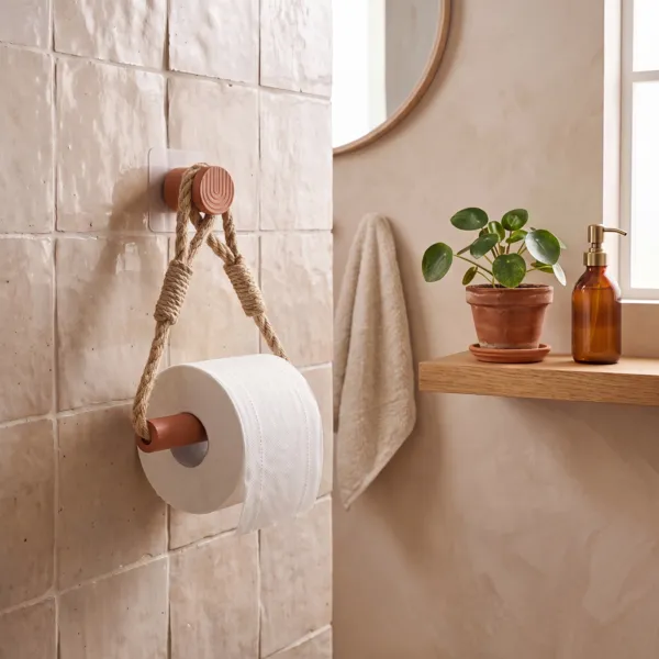Toiletrolhouder voor aan de muur, zelfklevend, touw en bamboe, Boho-Chic Terracotta