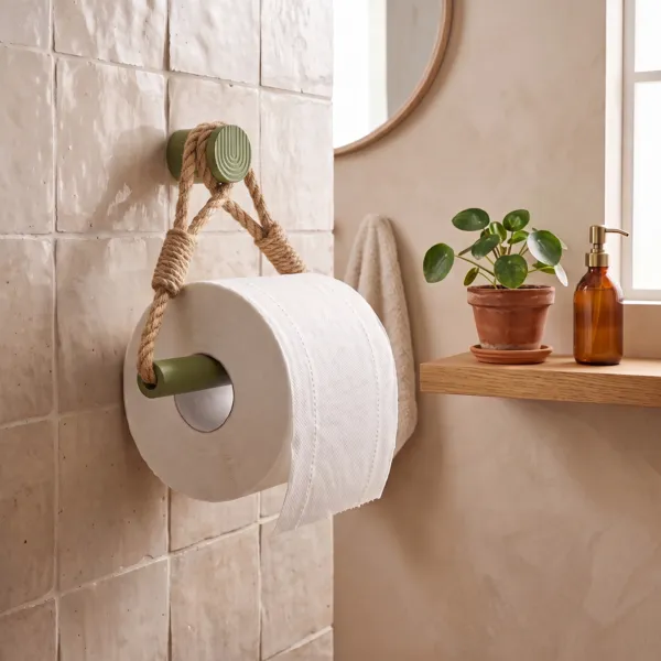 Toiletrolhouder voor aan de muur, zelfklevend, touw en bamboe, Boho-Chic Olijfgroen