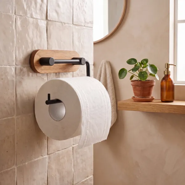 Toiletrolhouder voor aan de muur, zelfklevend, acacia en metaal Elena Zwart
