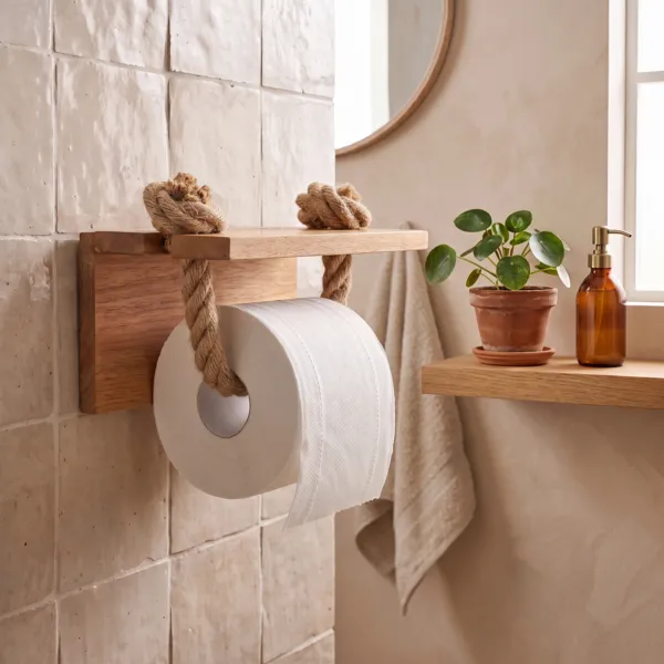 D�rouleur de papier toilette mural adh�sif acacia et corde Easy Chic Naturel
